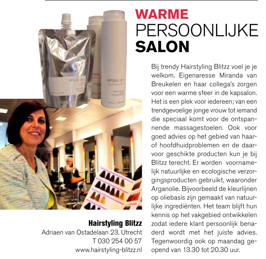 Artikel over Hairstyling Blitzz in Leven Magazine van September 2014.